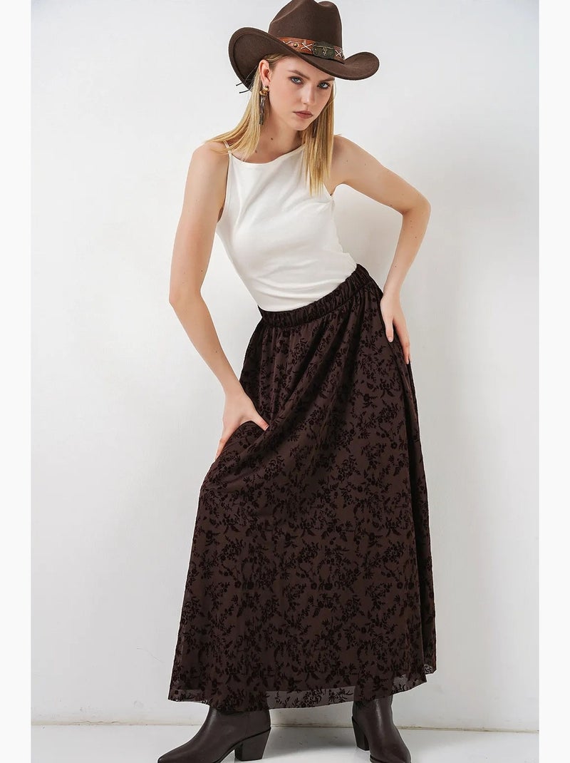 Maxirok met bloemenprint en hoge taille bdart Chocoladebruin - Kiabi