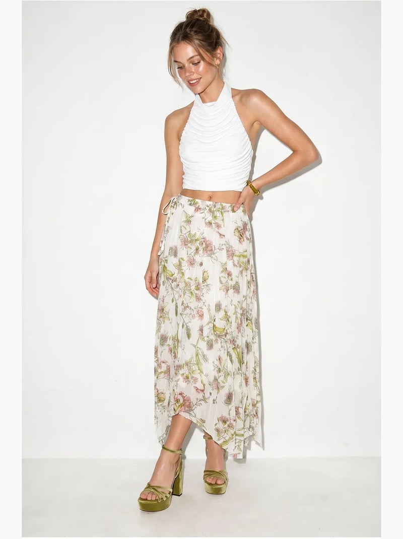 Maxirok met hoge taille en bloemenprint lucci Wit Groen - Kiabi