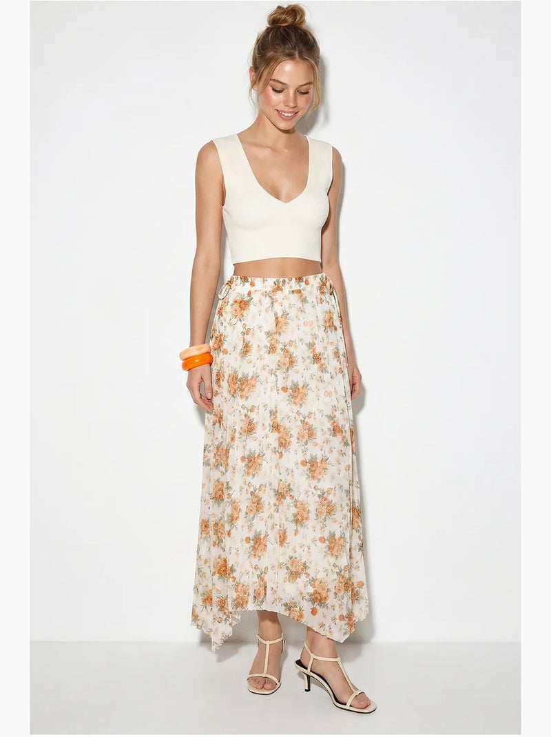 Maxirok met hoge taille en bloemenprint lucci Wit Oranje - Kiabi