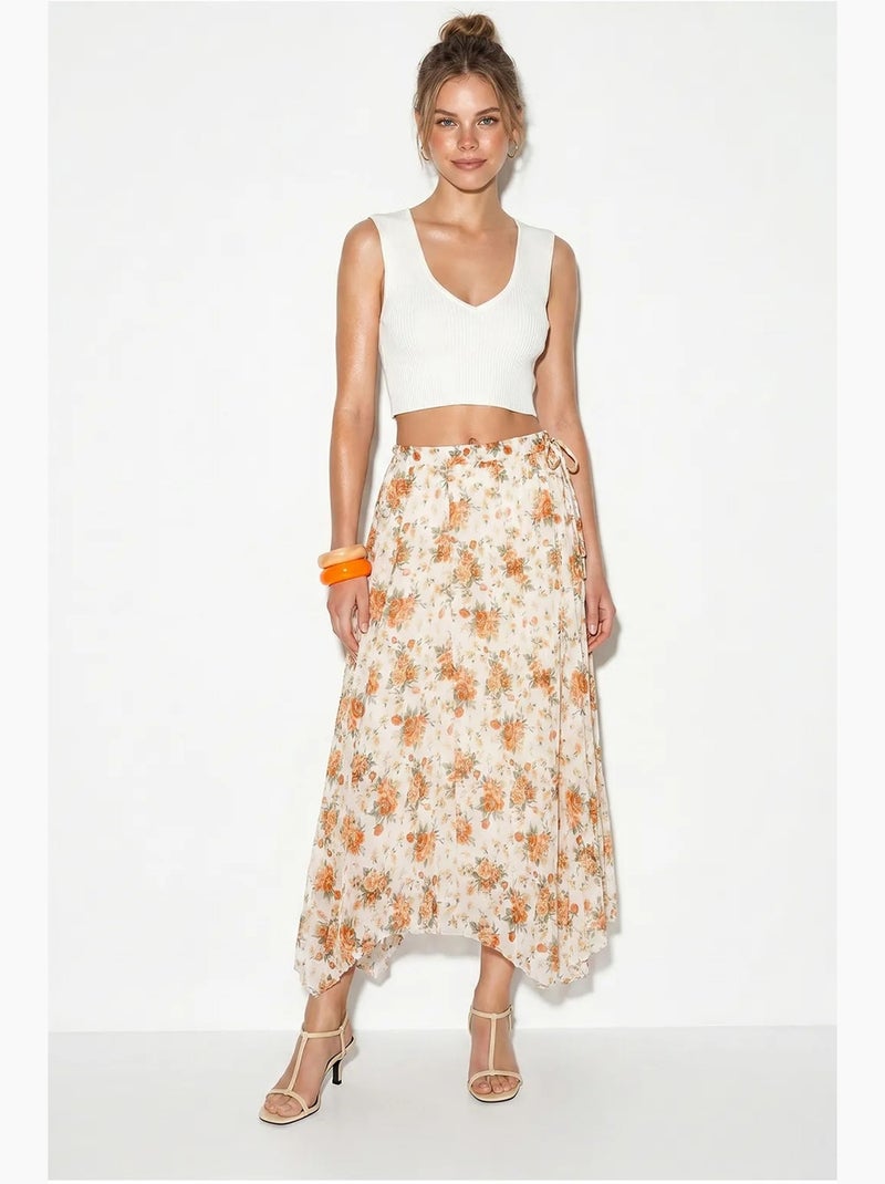 Maxirok met hoge taille en bloemenprint lucci Wit Oranje - Kiabi