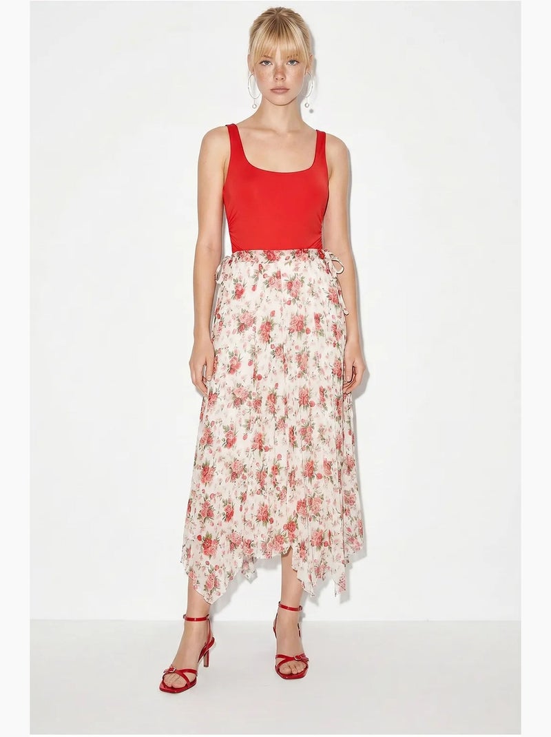 Maxirok met hoge taille en bloemenprint lucci Wit Rood - Kiabi
