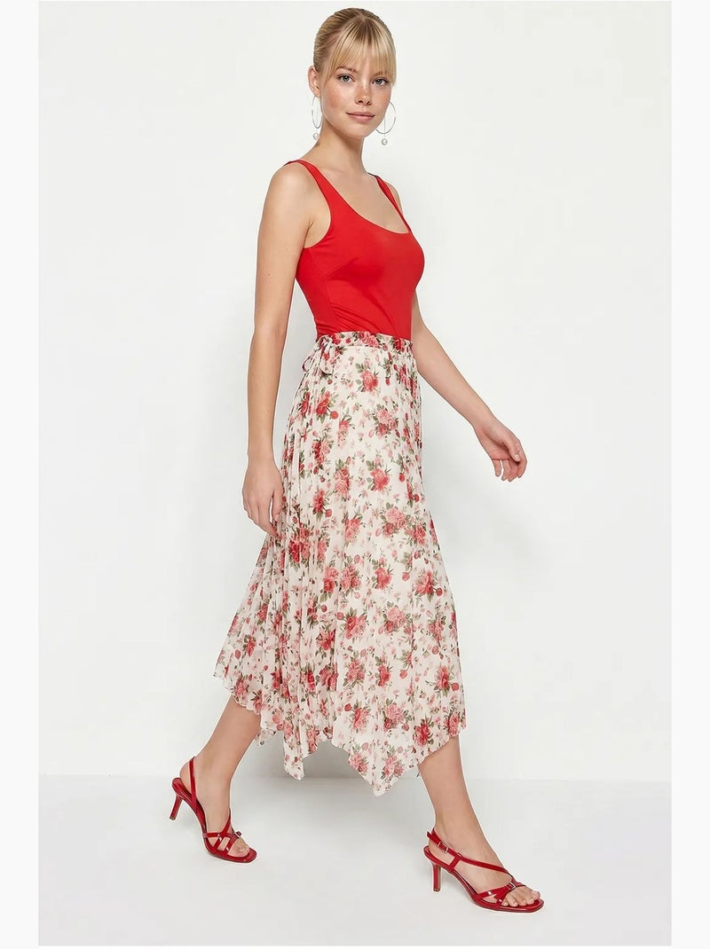 Maxirok met hoge taille en bloemenprint lucci Wit Rood - Kiabi