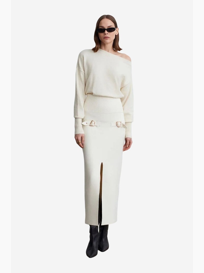 Maxirok met hoge taille en ribstructuur dilvin Crème - Kiabi