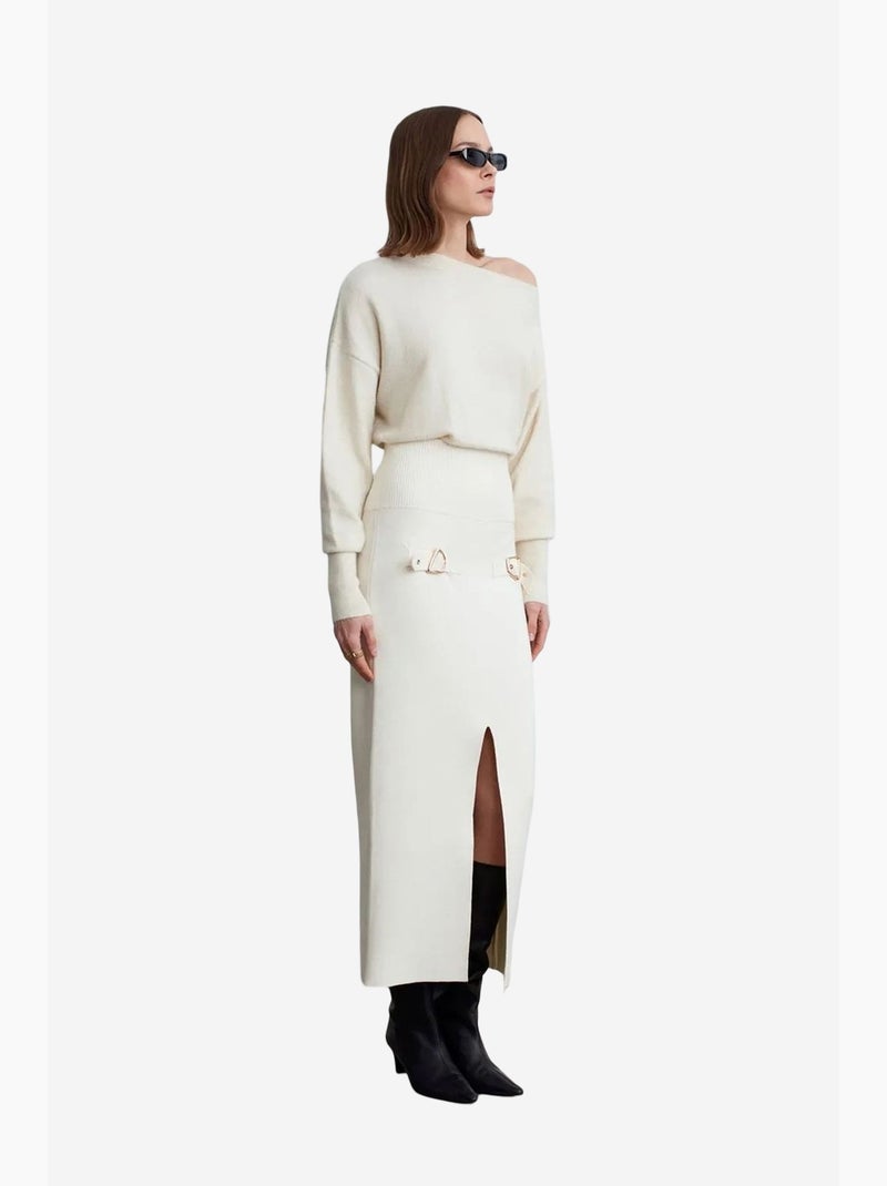 Maxirok met hoge taille en ribstructuur dilvin Crème - Kiabi