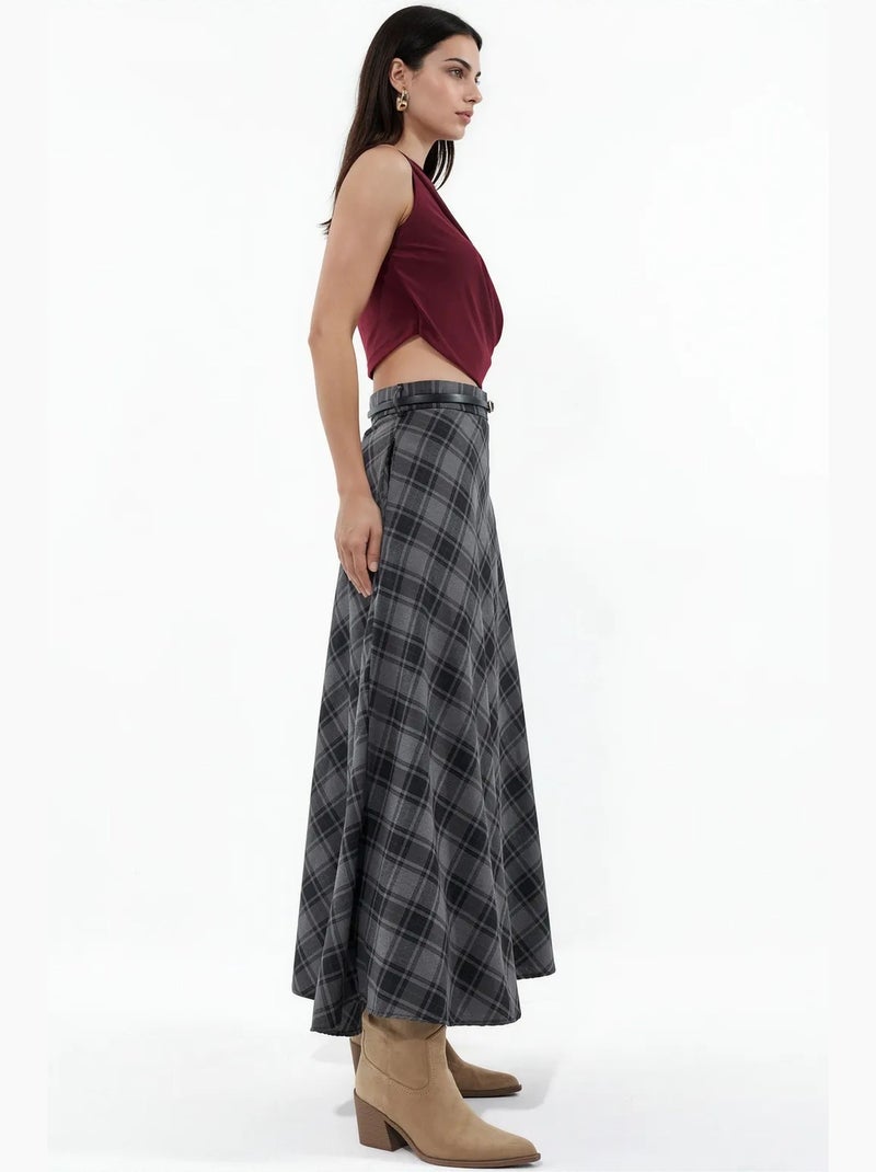 Maxirok met ruitpatroon en hoge taille bdart Grijs Zwart - Kiabi