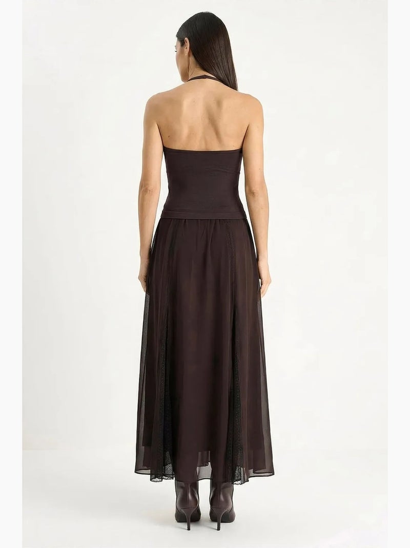 Maxirok van chiffon in a-lijn met hoge taille lucci Donkerbruin - Kiabi