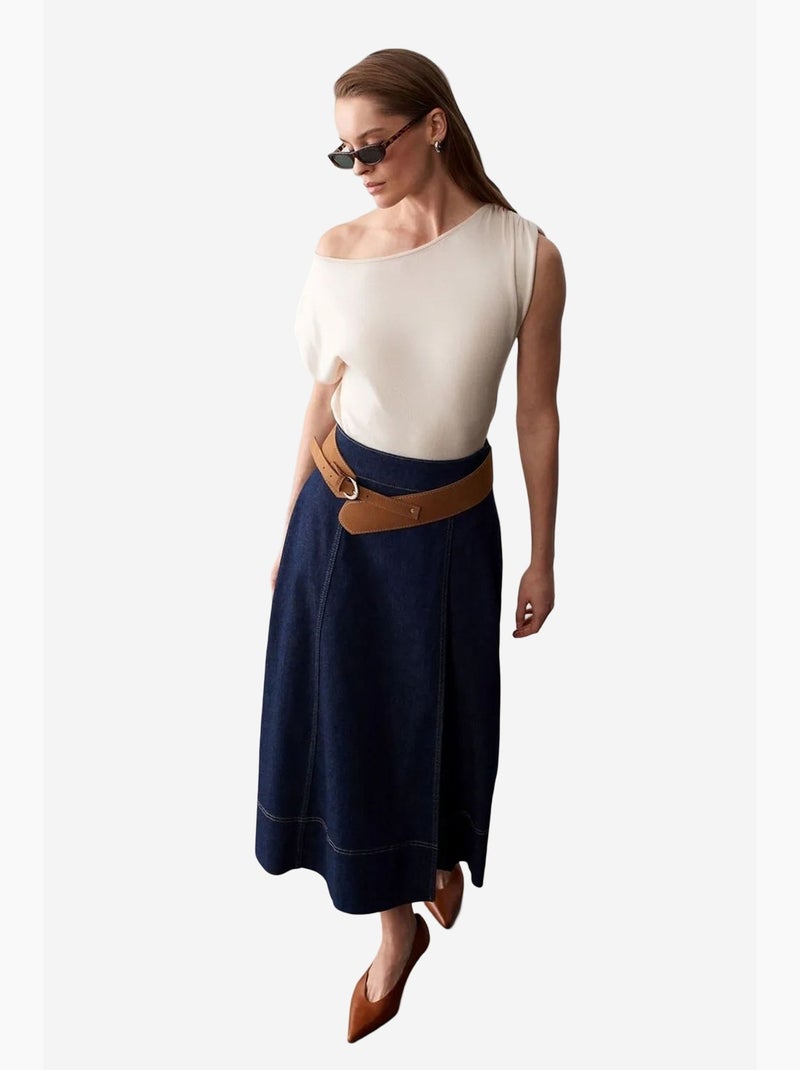 Maxirok van denim in a-lijn met hoge taille en riem dilvin Ultramarijnblauw - Kiabi