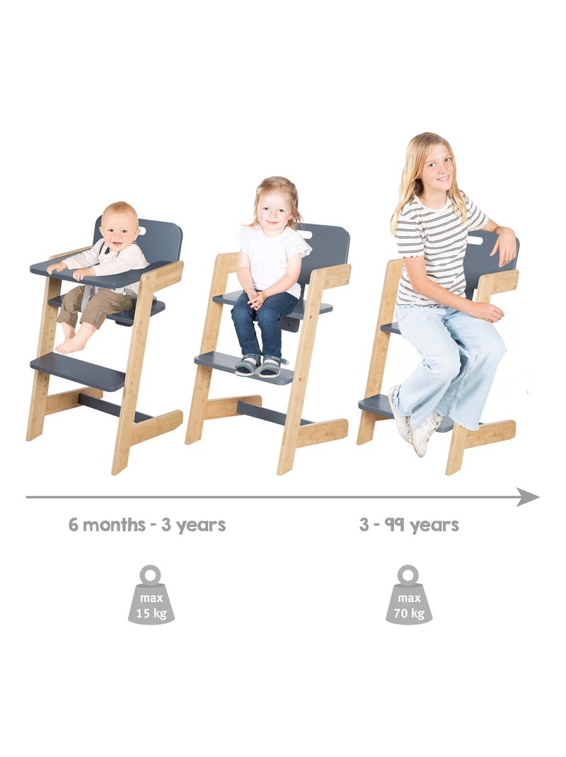 Meegroeiende kinderstoel van FSC®-bamboe met eetblad 'Roba Nature Up' Antracietgrijs - Kiabi