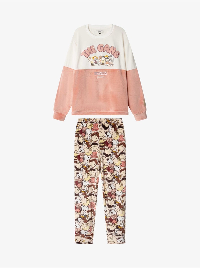 Meisjes kinderpyjama snoopy in elastische fleece stof Ecru - Kiabi