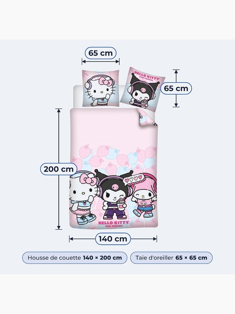 Meisjesbeddengoed hello kitty & friends 140x200 cm + sloop 65x65 cm katoenmix omkeerbaar Zwart Roze - Kiabi