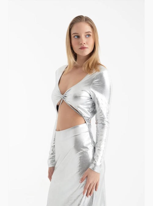Metallic v-hals cut-out lange mouwen maxi-jurk hiccup - Kiabi Metallic v-hals cut-out lange mouwen maxi-jurk hiccup - Kiabi