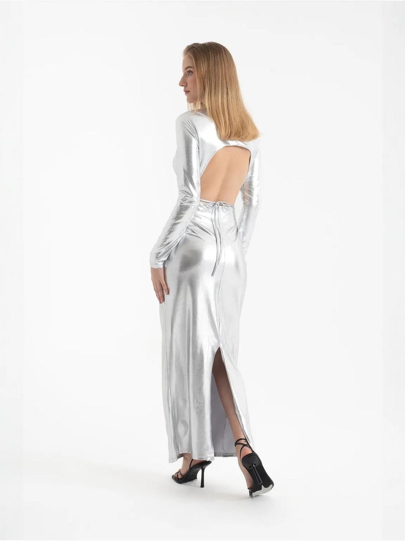 Metallic V-hals cut-out lange mouwen maxi-jurk Zilver - Kiabi