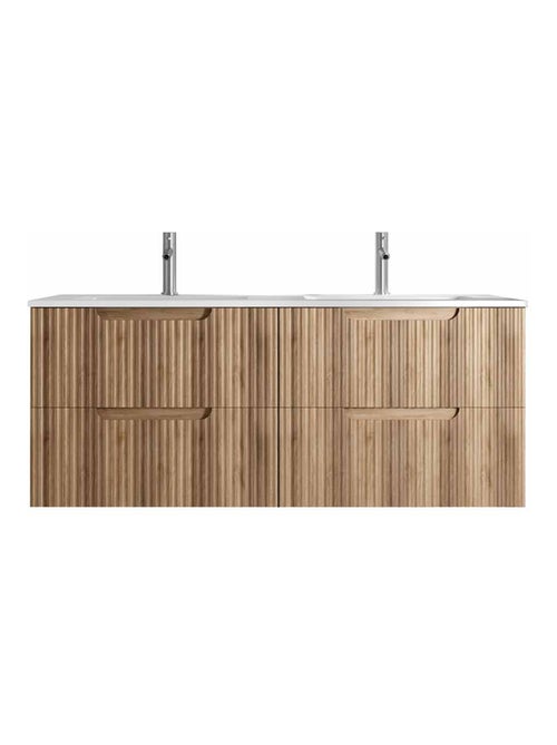 Meuble de salle de bain double vasque encastrée avec façade ondulée et rangements spacieux - Kiabi Meuble de salle de bain double vasque encastrée avec façade ondulée et rangements spacieux - Kiabi