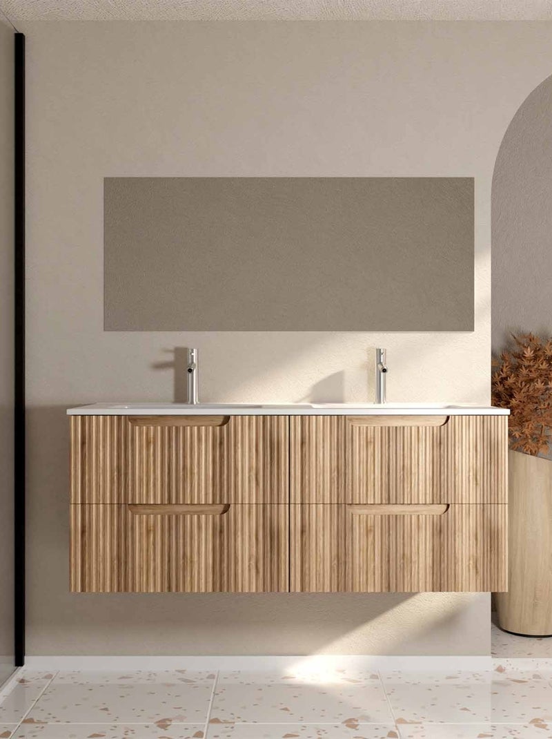 Meuble de salle de bain double vasque encastrée avec façade ondulée et rangements spacieux Beige clair - Kiabi