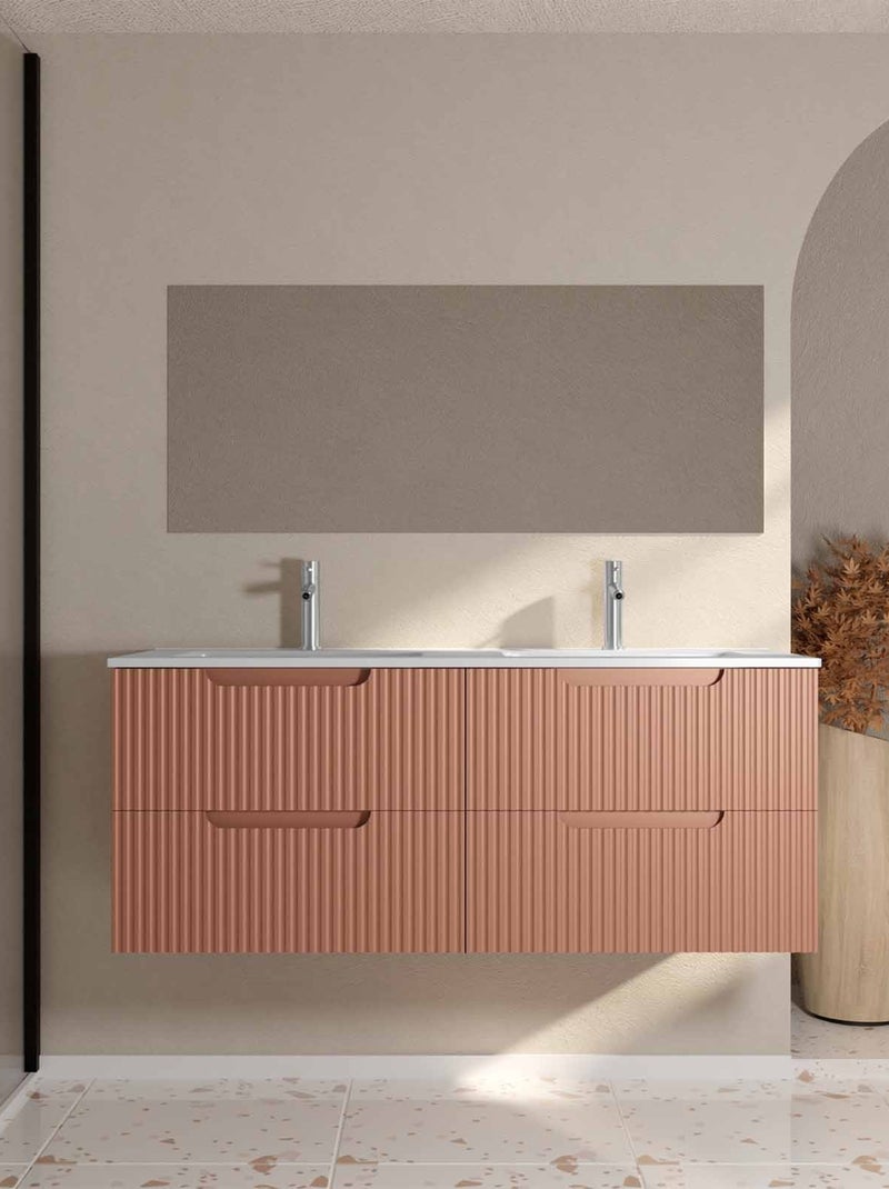 Meuble de salle de bain double vasque encastrée avec façade ondulée et rangements spacieux Terracotta - Kiabi