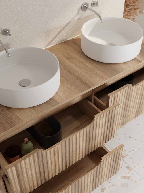 Meuble de salle de bain double vasque ronde avec façade ondulée et rangements intégrés - Kiabi Meuble de salle de bain double vasque ronde avec façade ondulée et rangements intégrés - Kiabi