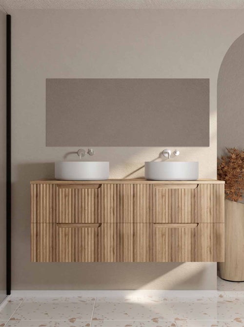 Meuble de salle de bain double vasque ronde avec façade ondulée et rangements intégrés - Kiabi Meuble de salle de bain double vasque ronde avec façade ondulée et rangements intégrés - Kiabi