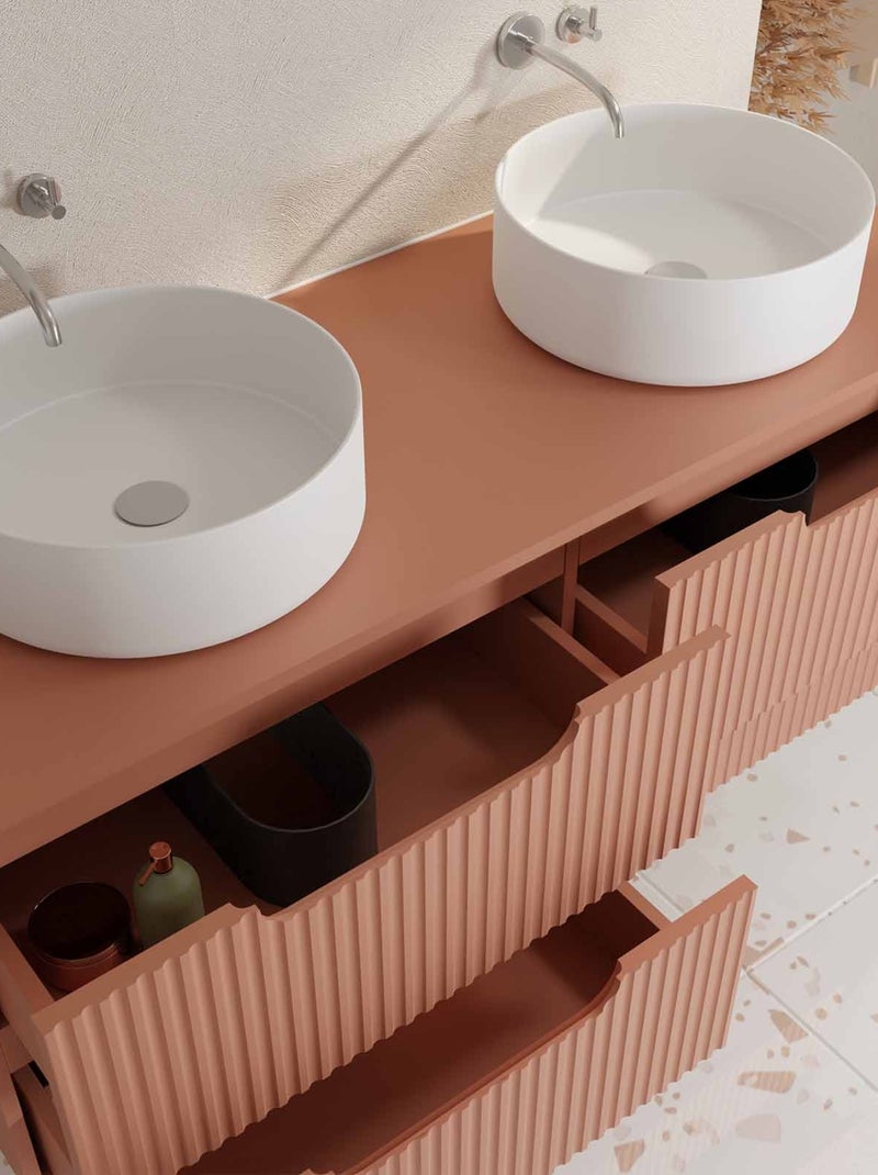 Meuble de salle de bain double vasque ronde avec façade ondulée et rangements intégrés Terracotta - Kiabi