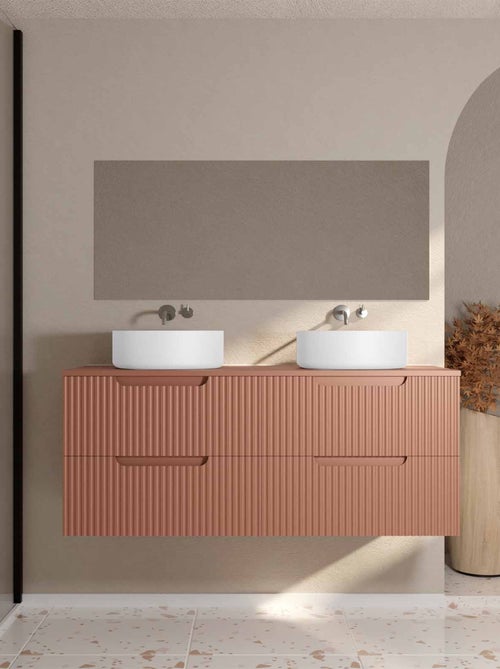 Meuble de salle de bain double vasque ronde avec façade ondulée et rangements intégrés - Kiabi Meuble de salle de bain double vasque ronde avec façade ondulée et rangements intégrés - Kiabi