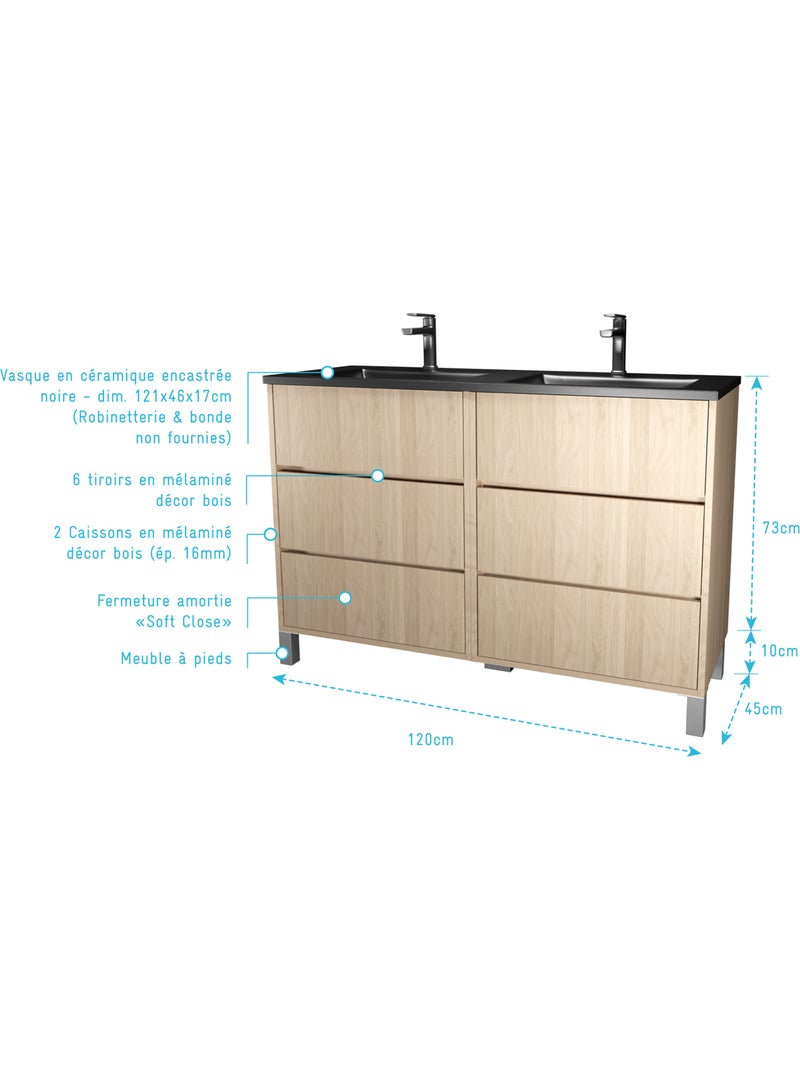 Meuble de salle de bains double vasque avec 6 tiroirs Noir - Kiabi