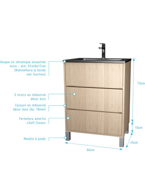 Meuble de salle de bains sur pieds avec 3 tiroirs et vasque en céramique - Kiabi Meuble de salle de bains sur pieds avec 3 tiroirs et vasque en céramique - Kiabi