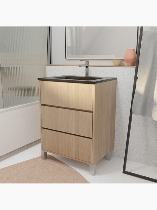 Meuble de salle de bains sur pieds avec 3 tiroirs et vasque en céramique - Kiabi Meuble de salle de bains sur pieds avec 3 tiroirs et vasque en céramique - Kiabi