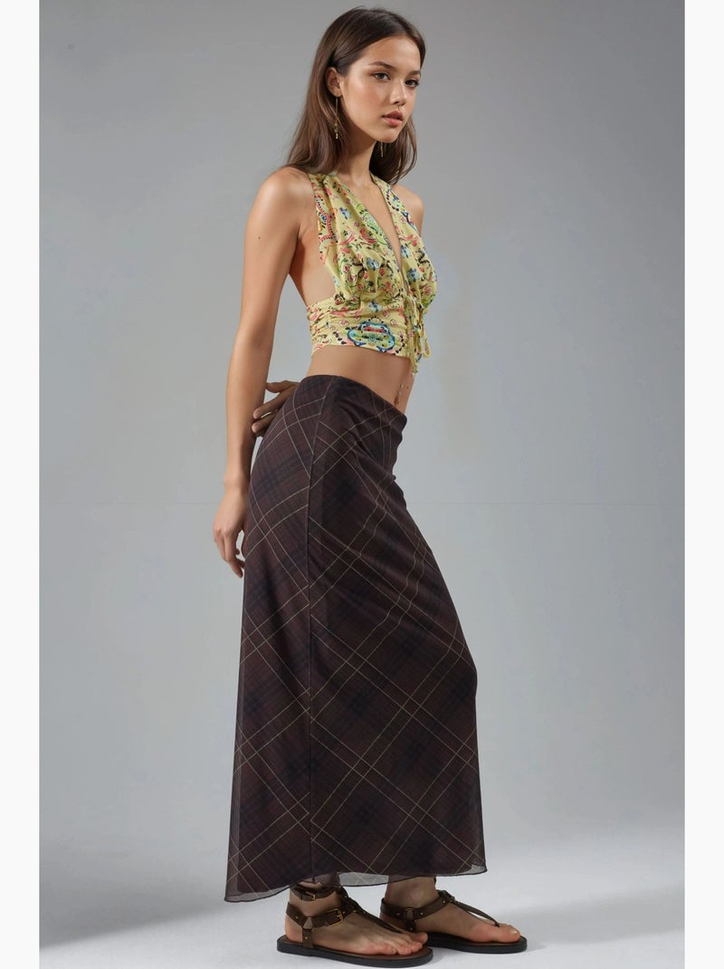 Mid-waist maxi-rok met patroon busem Donkerbruin - Kiabi