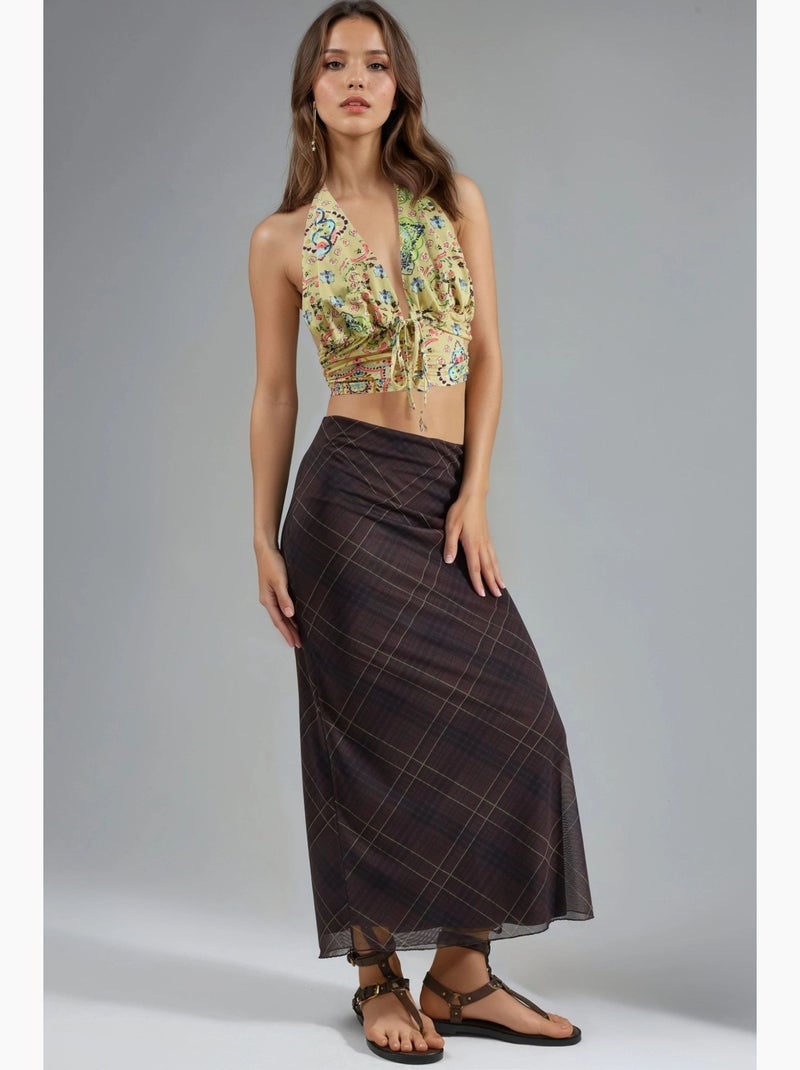 Mid-waist maxi-rok met patroon busem Donkerbruin - Kiabi