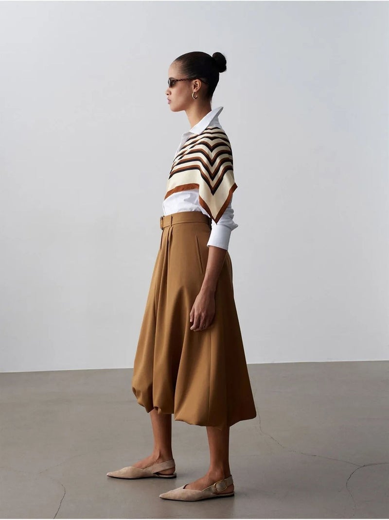 Midi ballonrok met hoge taille en riem dilvin Camel - Kiabi