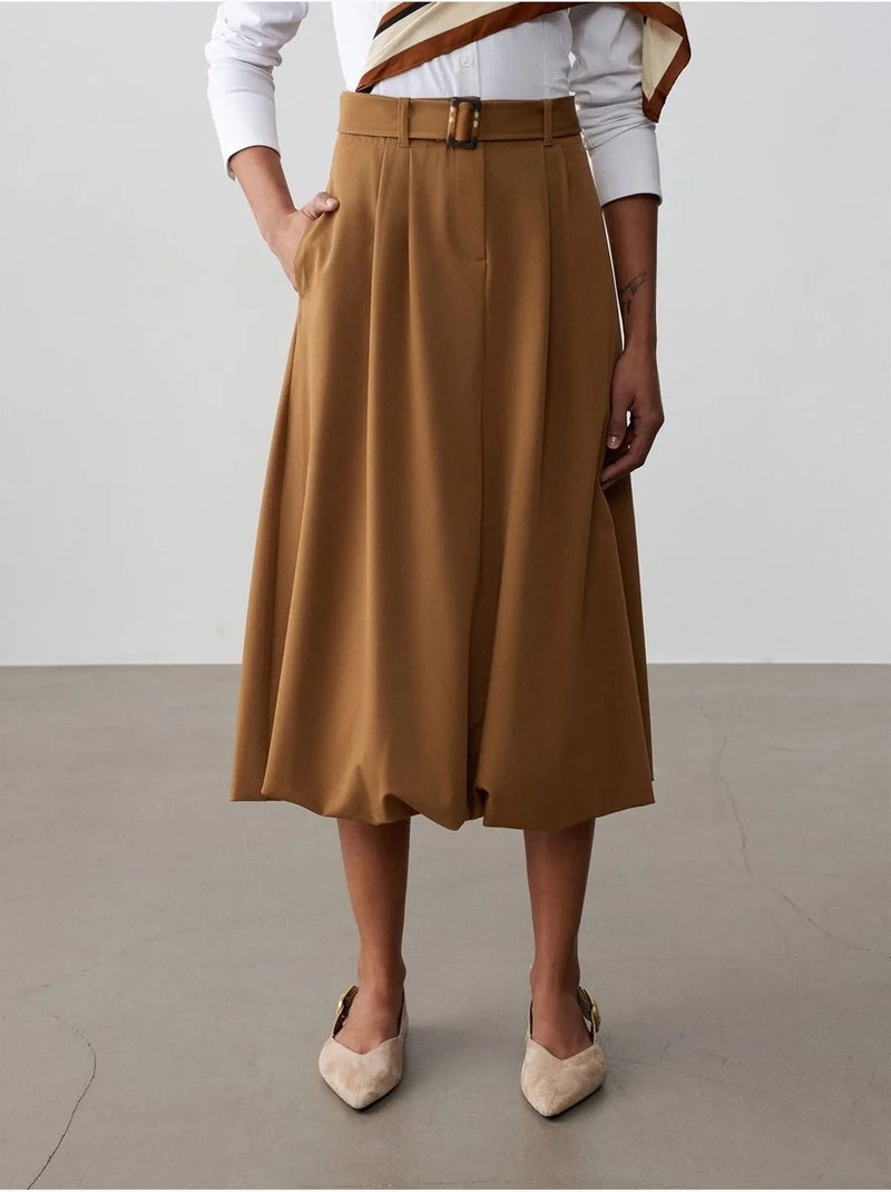 Midi ballonrok met hoge taille en riem dilvin Camel - Kiabi