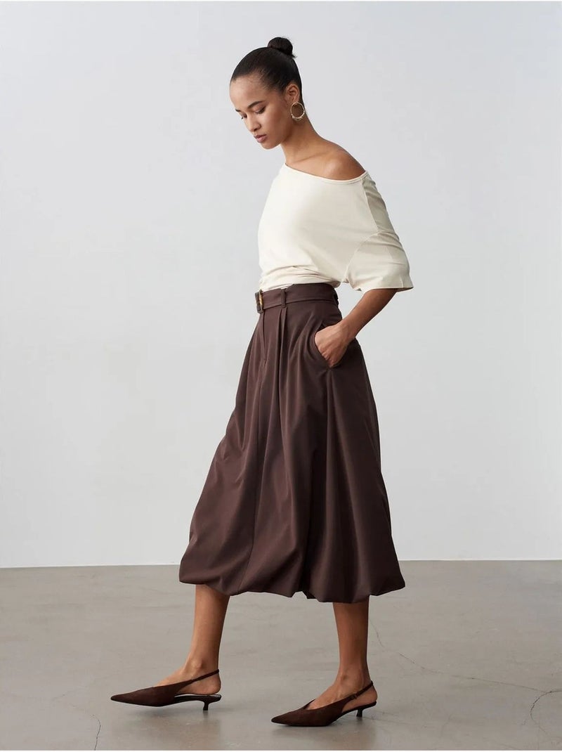 Midi ballonrok met hoge taille en riem dilvin Chocoladebruin - Kiabi