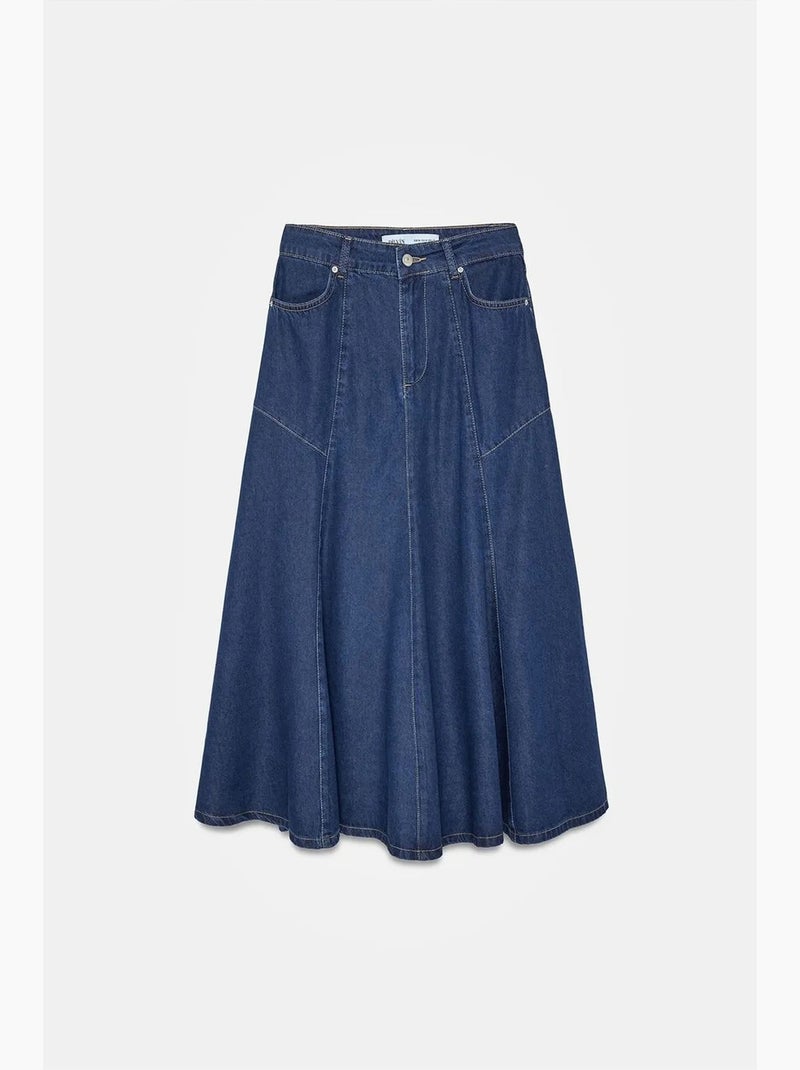 Midi denim a-lijn rok met hoge taille dilvin Ultramarijnblauw - Kiabi