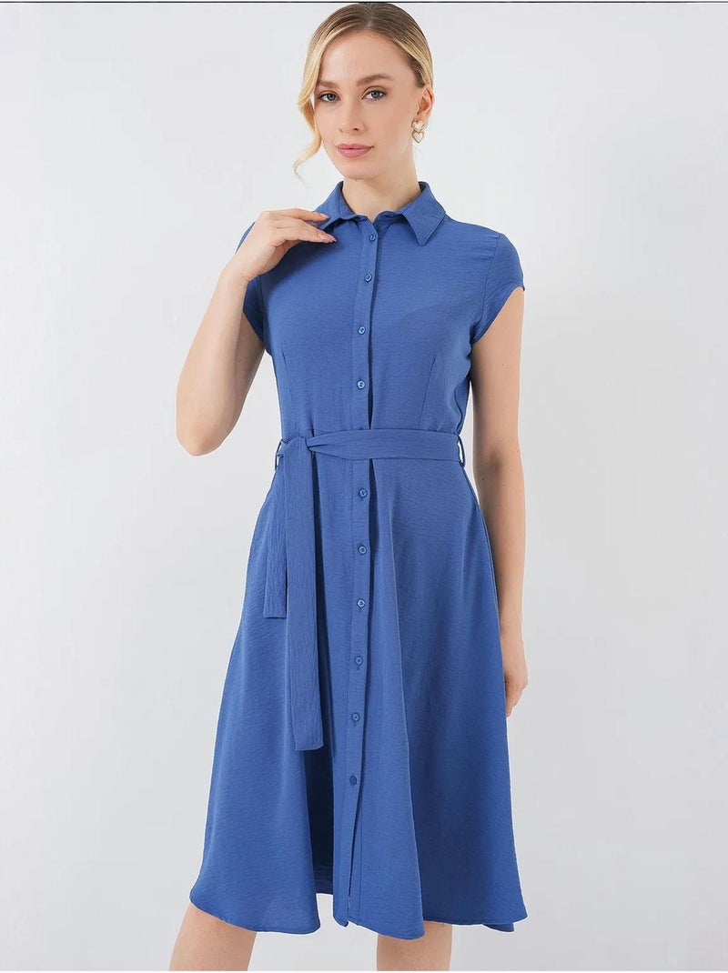 Midi-jurk in a-lijn met overhemdkraag, knopen en biesdetail bdart Lagonblauw - Kiabi