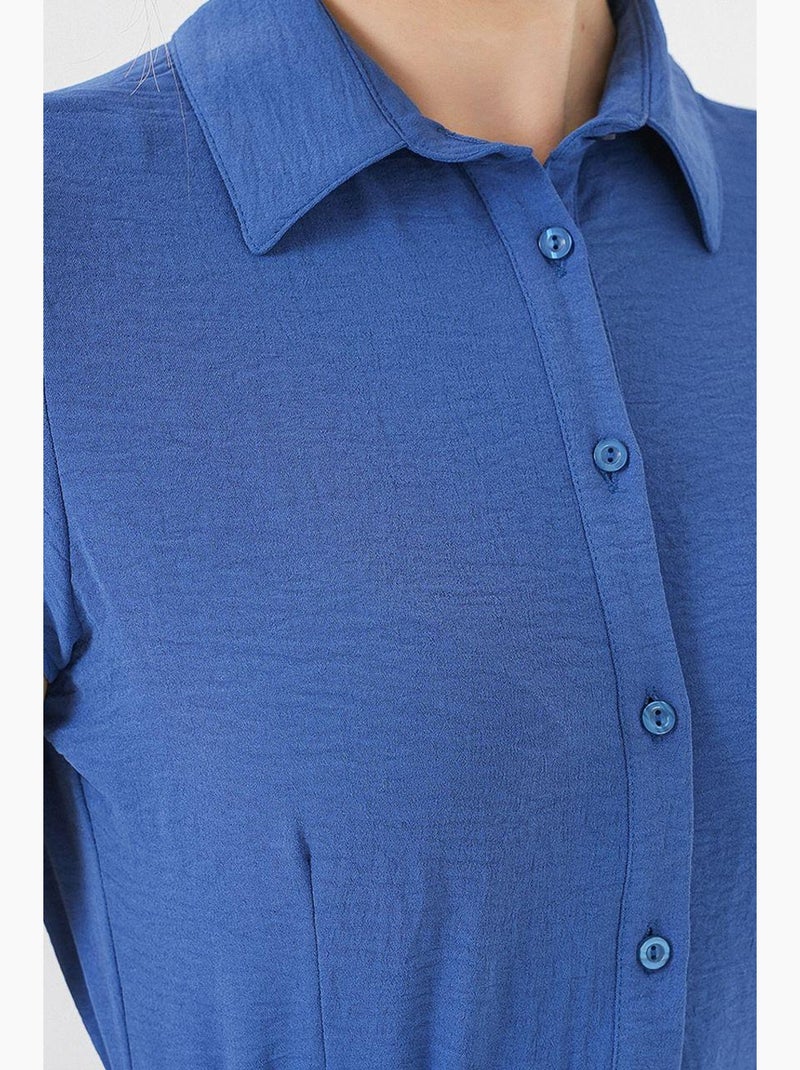 Midi-jurk in a-lijn met overhemdkraag, knopen en biesdetail bdart Lagonblauw - Kiabi
