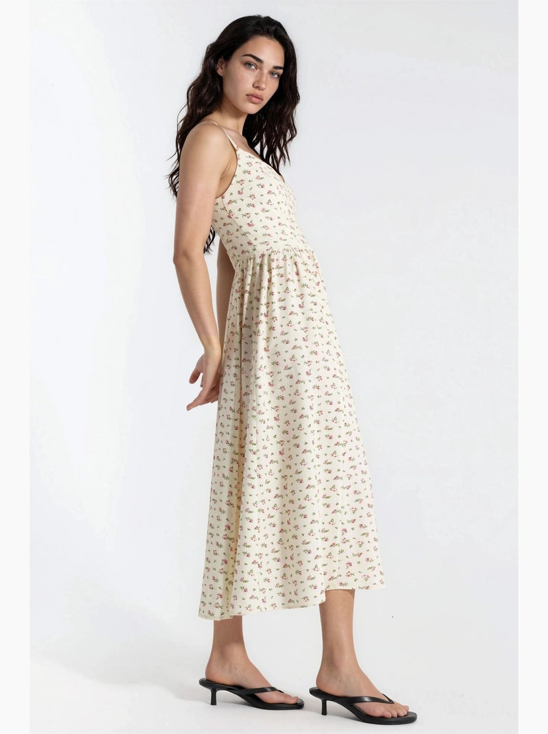 Midi-jurk met bloemenprint en bandjes hiccup Beige - Kiabi