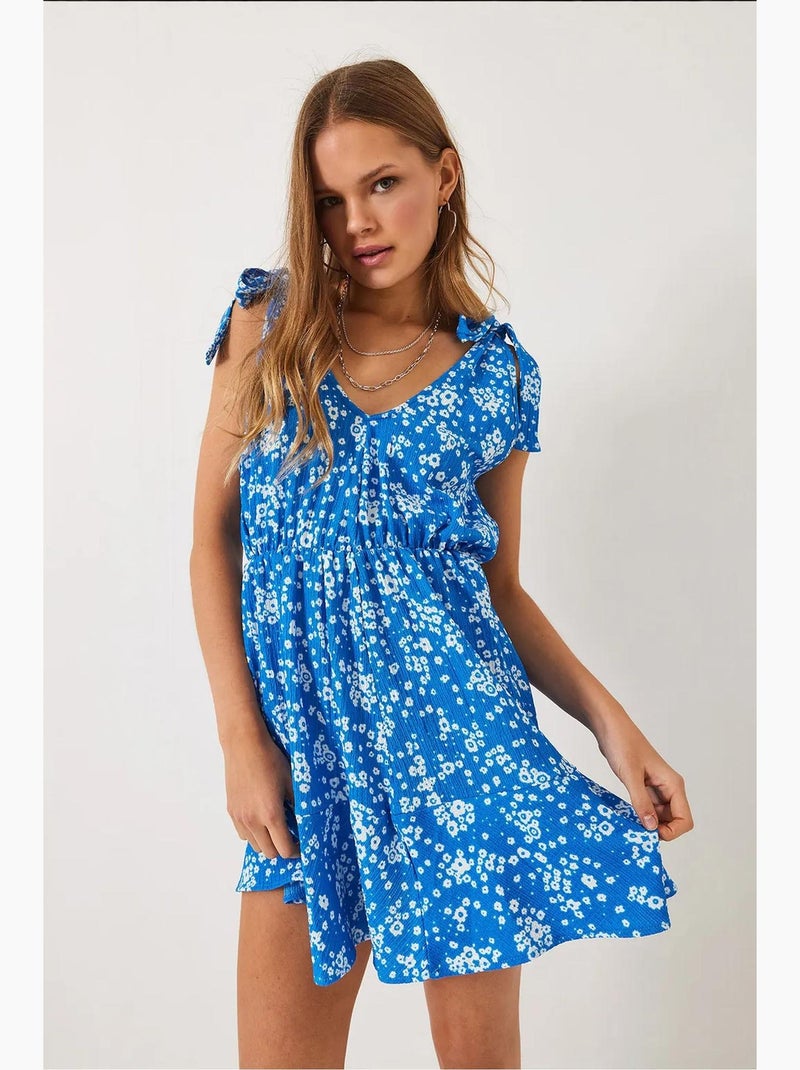 Midi-jurk met bloemenprint en ruches lucci Lichtblauw - Kiabi