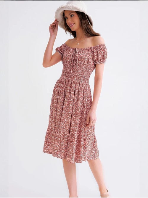 Midi-jurk met bloemenprint, off-shoulder model, gesmokte taille en pofmouwen mixray - Kiabi Midi-jurk met bloemenprint, off-shoulder model, gesmokte taille en pofmouwen mixray - Kiabi