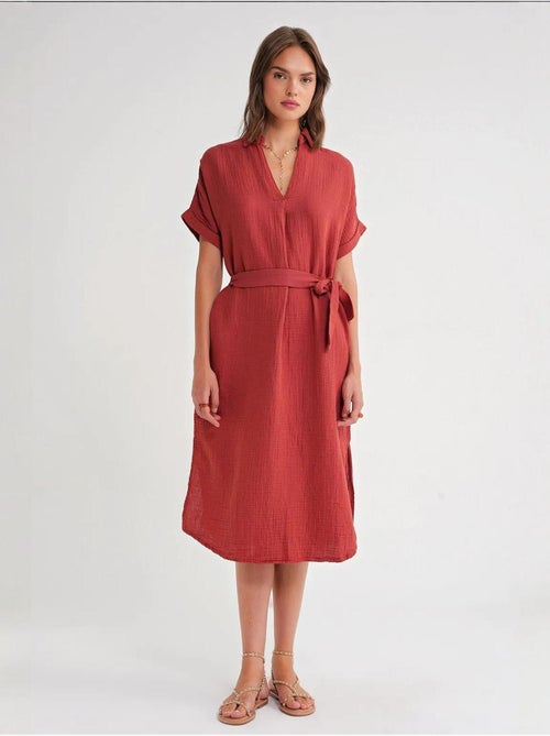 Midi-jurk met ceintuur en korte mouwen mixray - Kiabi Midi-jurk met ceintuur en korte mouwen mixray - Kiabi
