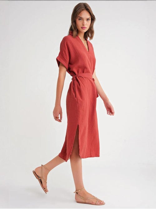 Midi-jurk met ceintuur en korte mouwen mixray - Kiabi Midi-jurk met ceintuur en korte mouwen mixray - Kiabi