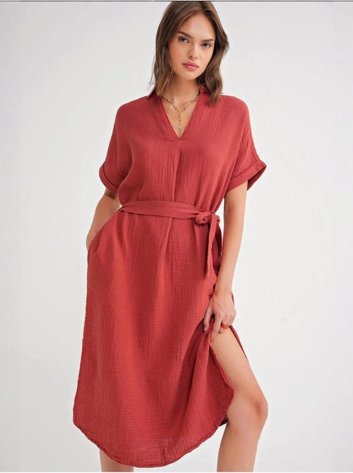 Midi-jurk met ceintuur en korte mouwen mixray - Kiabi Midi-jurk met ceintuur en korte mouwen mixray - Kiabi
