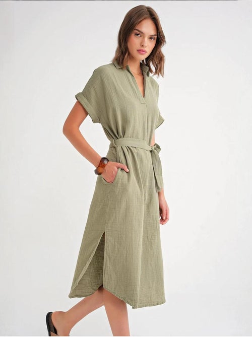Midi-jurk met ceintuur en korte mouwen mixray - Kiabi Midi-jurk met ceintuur en korte mouwen mixray - Kiabi