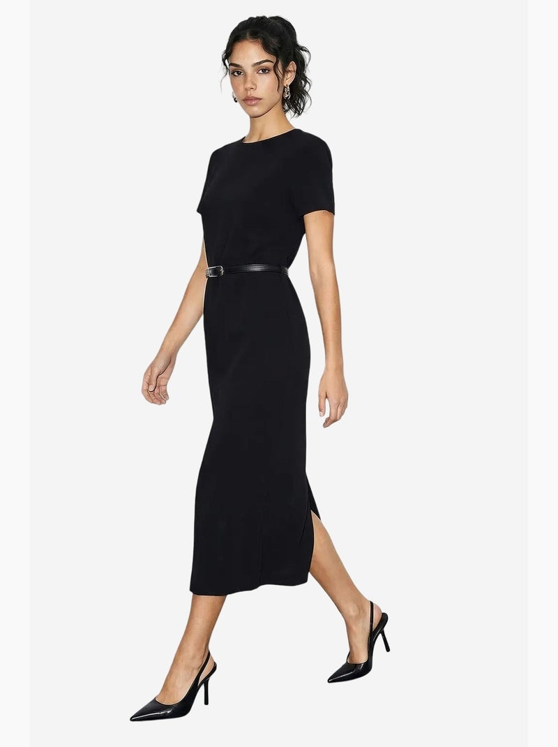 Midi-jurk met ceintuur en ronde hals lucci Zwart - Kiabi