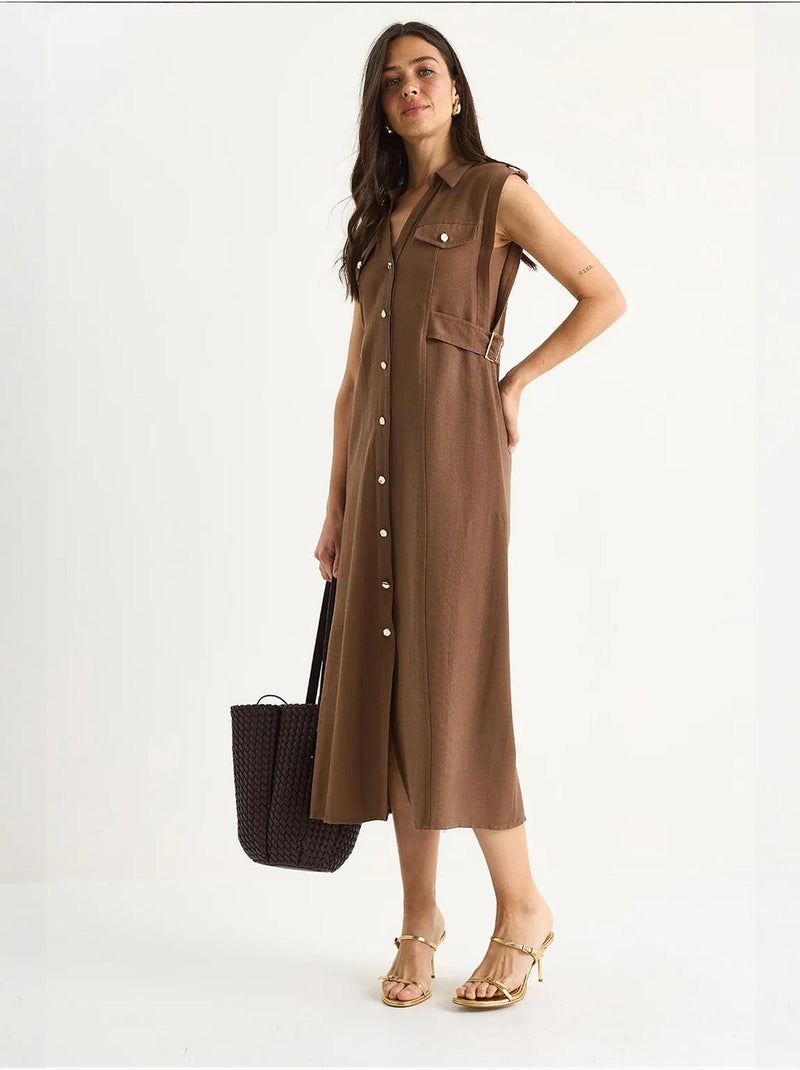 Midi-jurk met ceintuurdetail lucci Lichtbruin - Kiabi