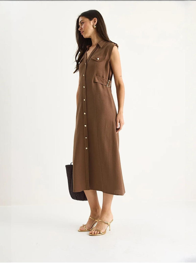 Midi-jurk met ceintuurdetail lucci Lichtbruin - Kiabi