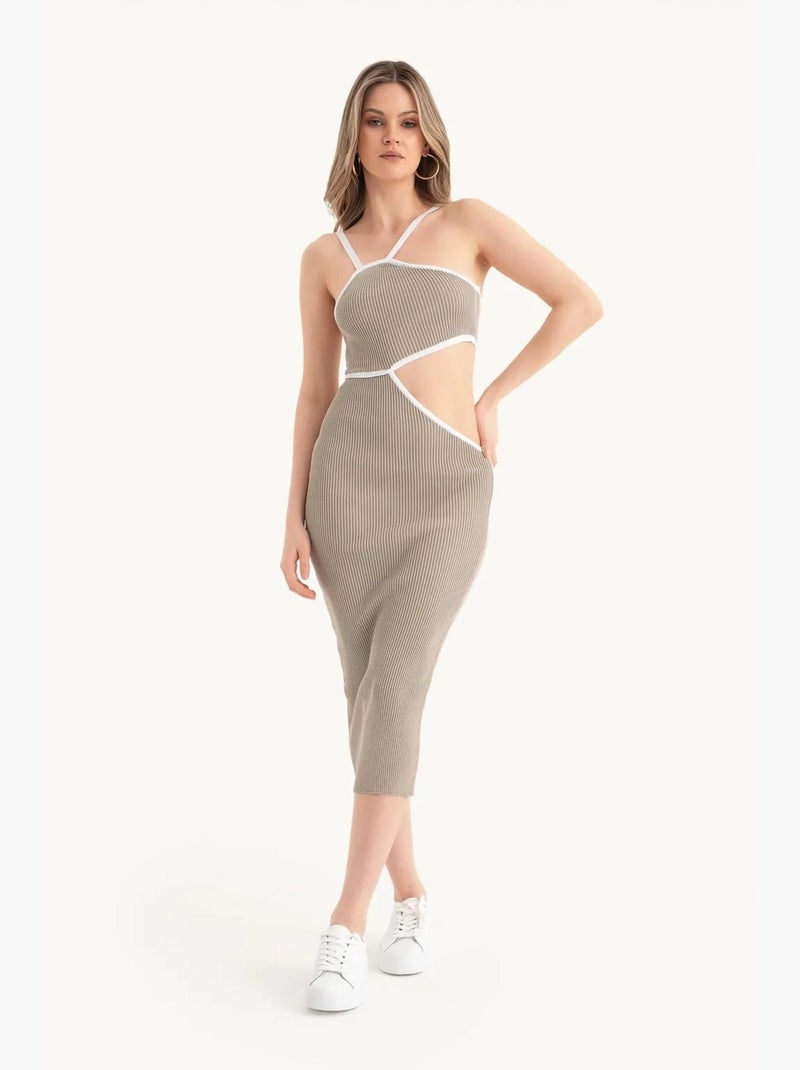 Midi-jurk met één schouder en een uitsparing aan de zijkant hiccup Natuurlijk beige - Kiabi
