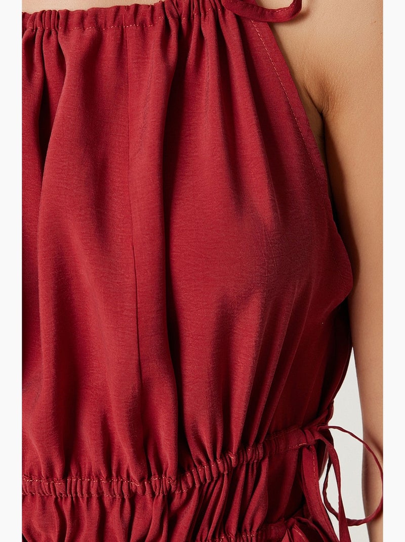 Midi-jurk met halternek en strikdetail istanbul Donkerrood - Kiabi