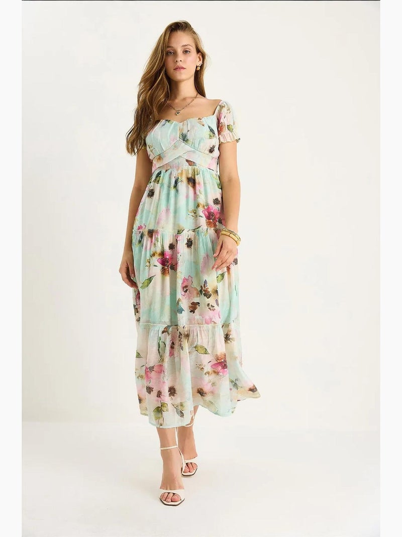 Midi-jurk met hartvormige kraag en bloemenprint lucci Muntgroen - Kiabi