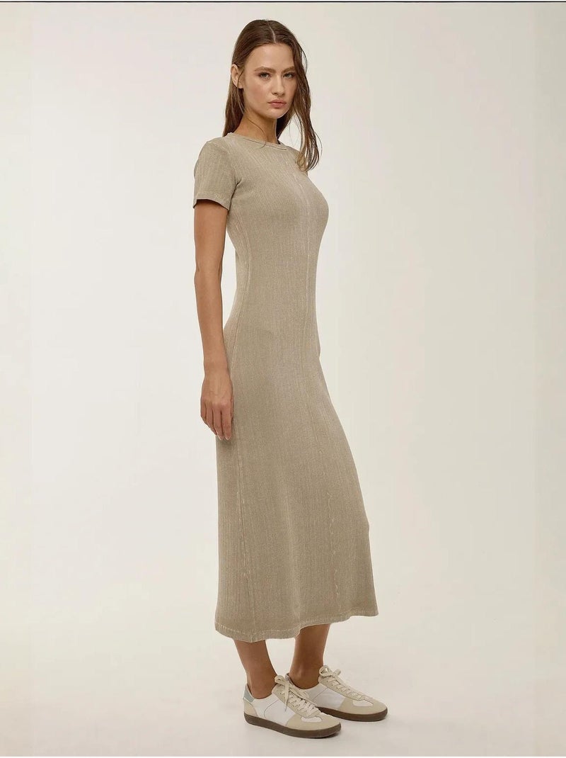 Midi-jurk met korte mouwen en ronde hals hiccup Natuurlijk beige - Kiabi