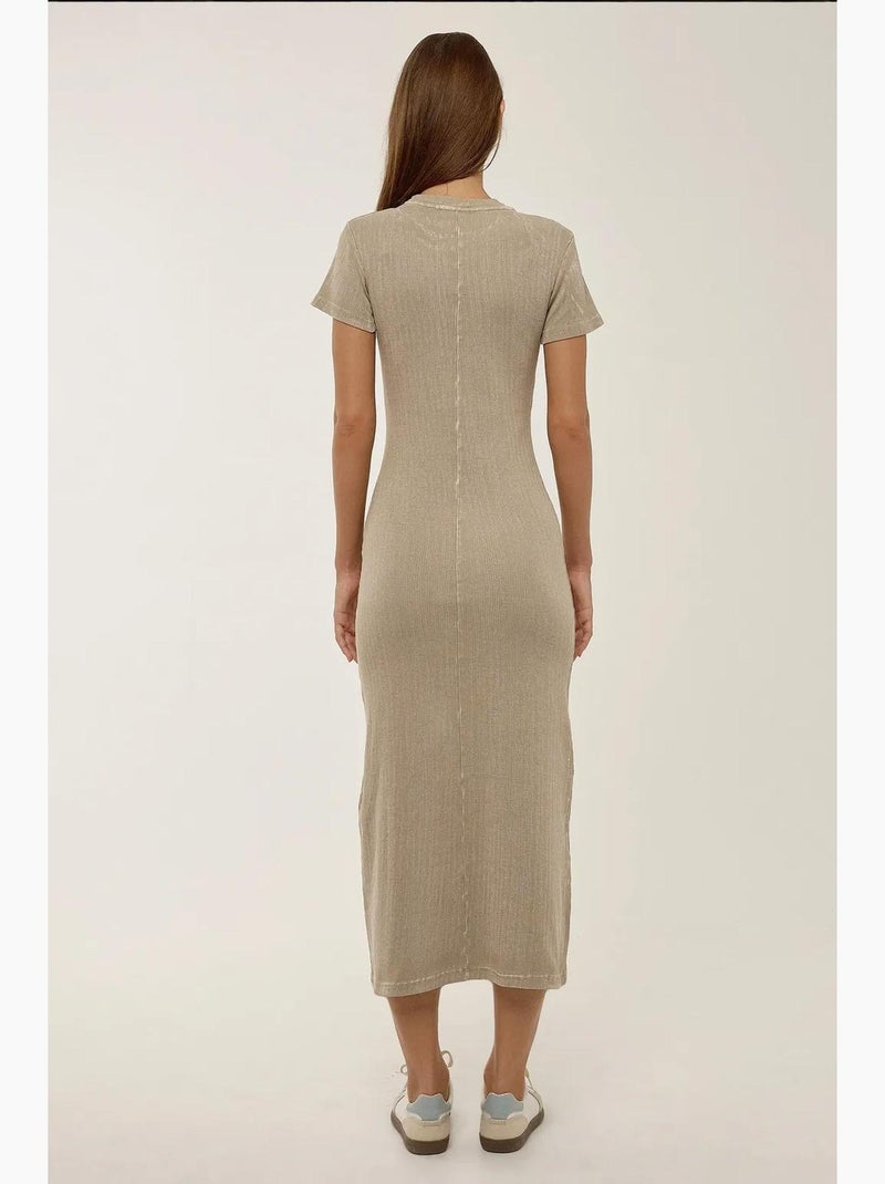 Midi-jurk met korte mouwen en ronde hals hiccup Natuurlijk beige - Kiabi