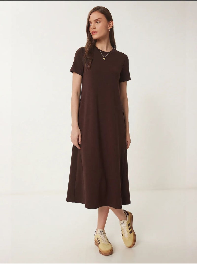 Midi-jurk met korte mouwen en ronde hals istanbul Donkerbruin - Kiabi